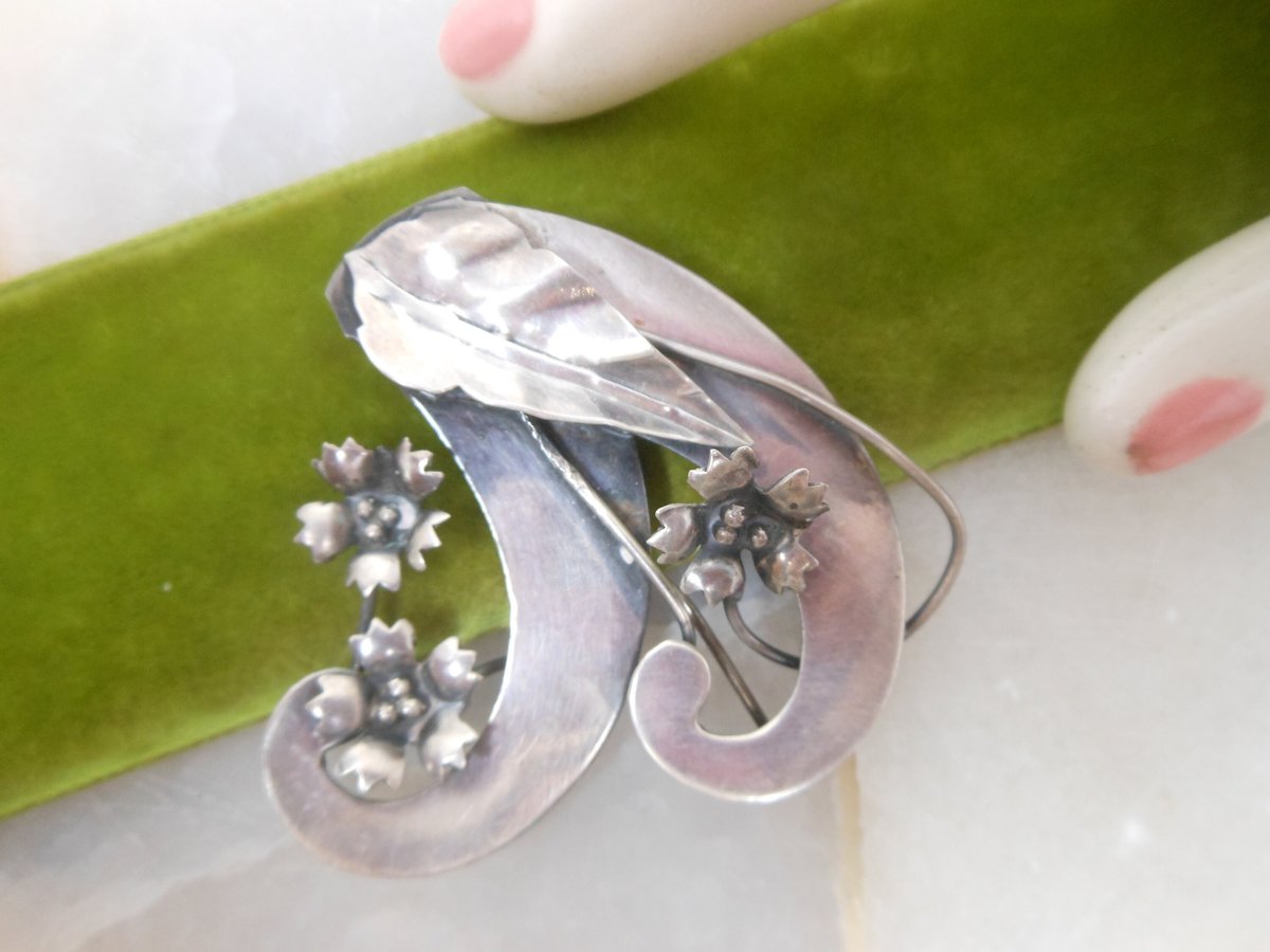 Vintage STERLING SILVER Flower Pin Brooch Art Nouveau Deco Bouquet Jewelry Gift Mid Century, VivianJoel.com