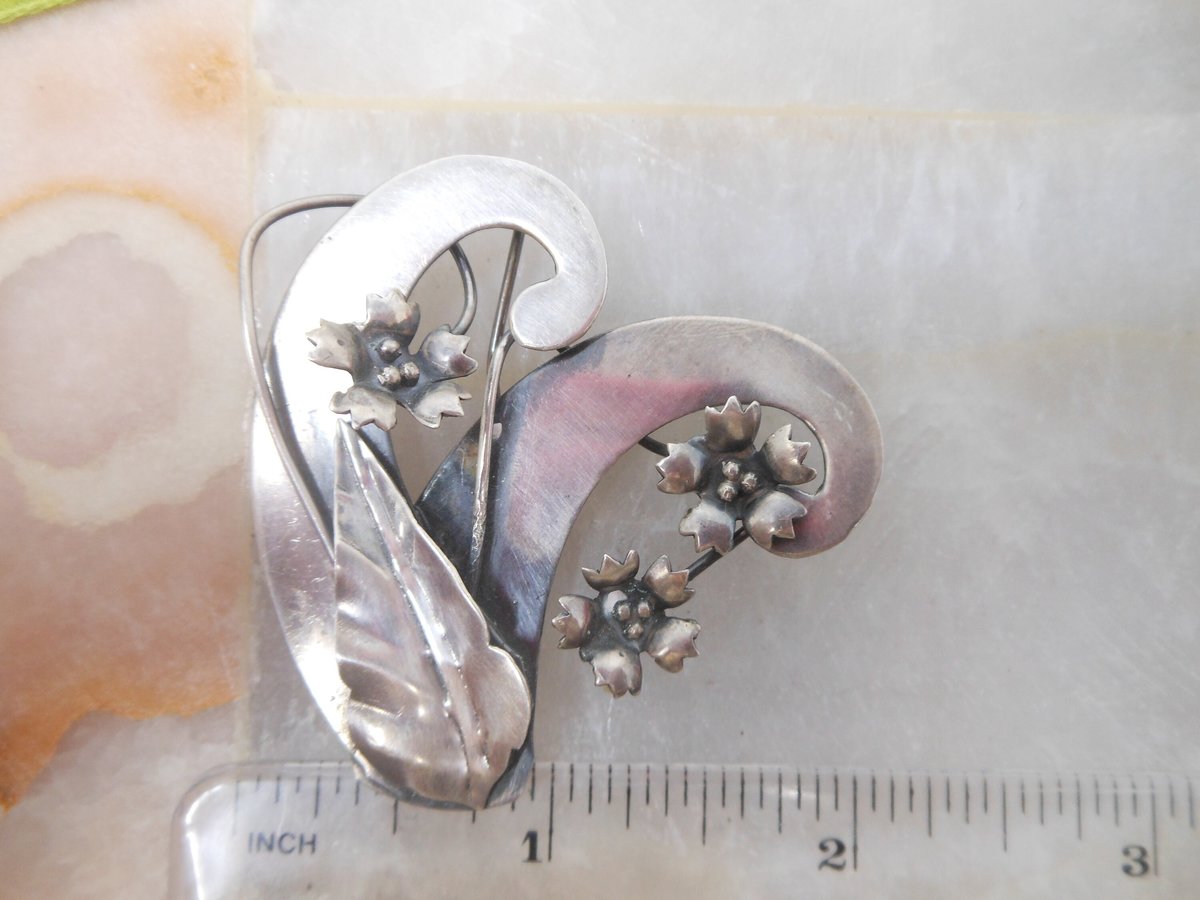 Vintage STERLING SILVER Flower Pin Brooch Art Nouveau Deco Bouquet Jewelry Gift Mid Century, VivianJoel.com