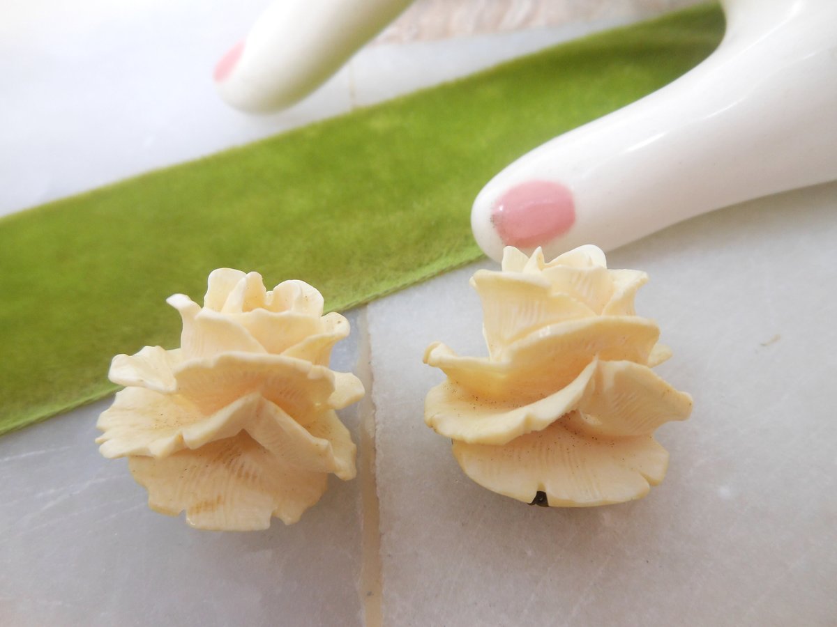 Vintage Carved Rose Earrings Artisan Handcraft Flower Clip On Bone Mid Century Wedding Jewelry Gift, VivianJoel.com