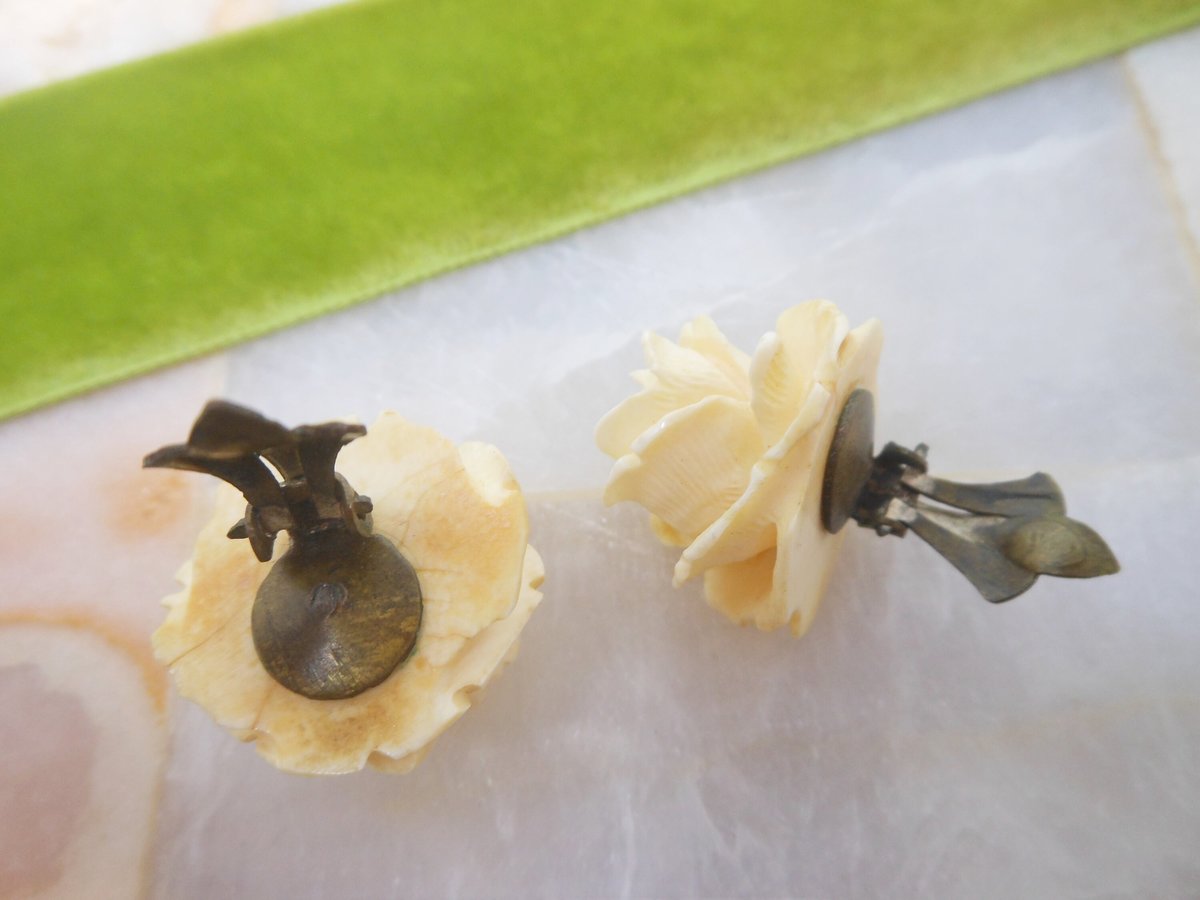 Vintage Carved Rose Earrings Artisan Handcraft Flower Clip On Bone Mid Century Wedding Jewelry Gift, VivianJoel.com