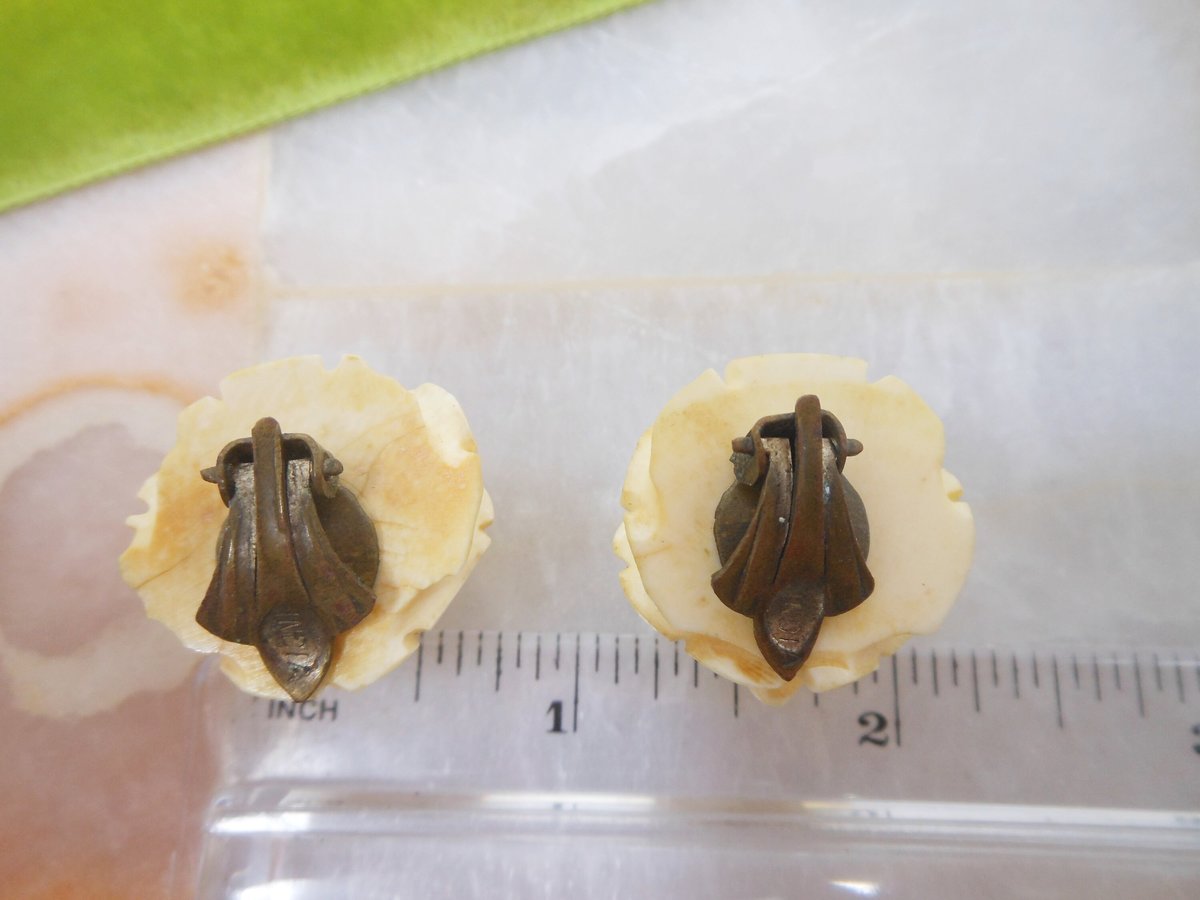 Vintage Carved Rose Earrings Artisan Handcraft Flower Clip On Bone Mid Century Wedding Jewelry Gift, VivianJoel.com