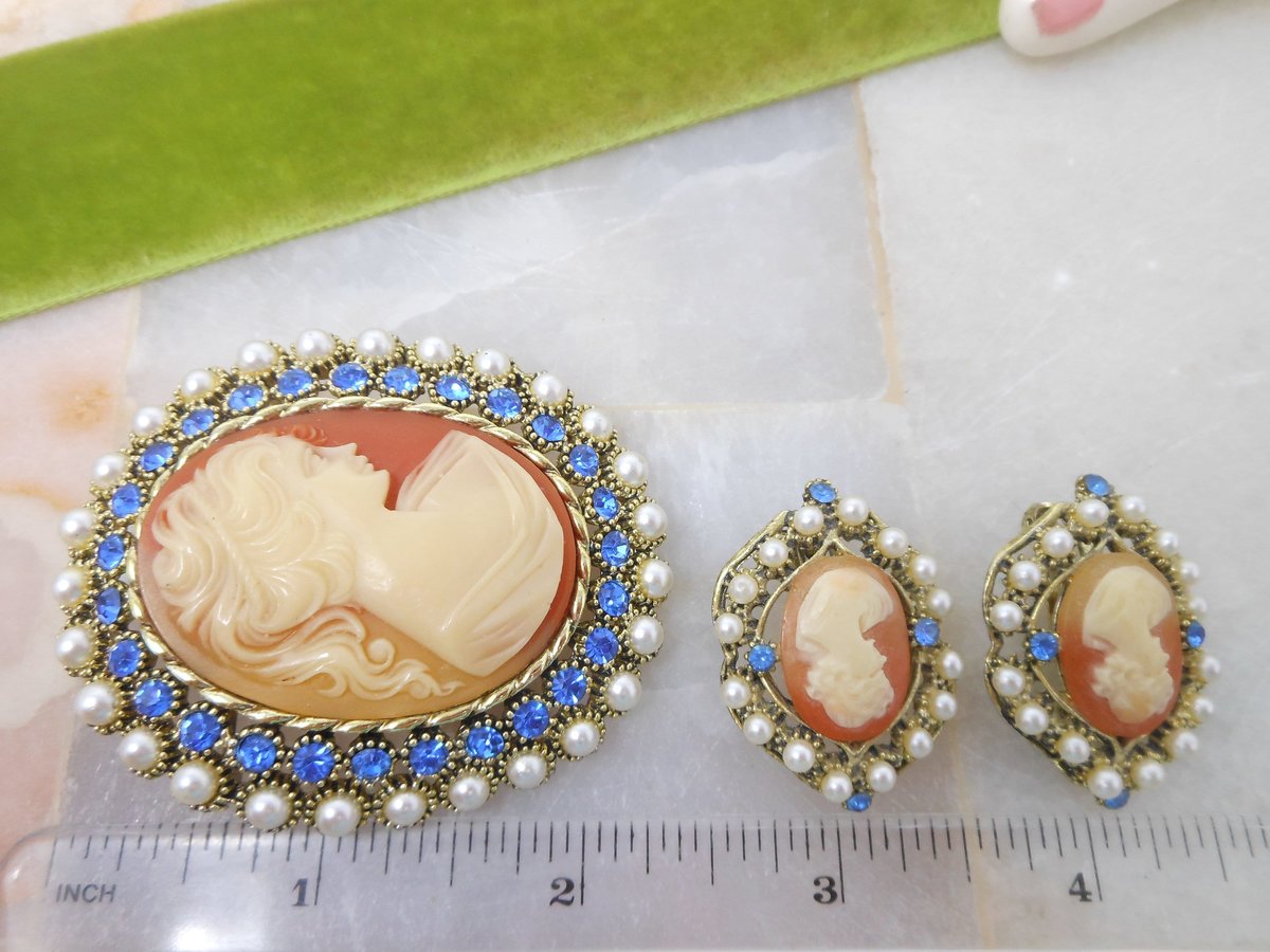 Vintage DODDS Designer Cameo Brooch Earrings Set Rhinestone Pearl Ornate Pin Victorian Revival Mid Century Jewelry Gift,  VivianJoel.com