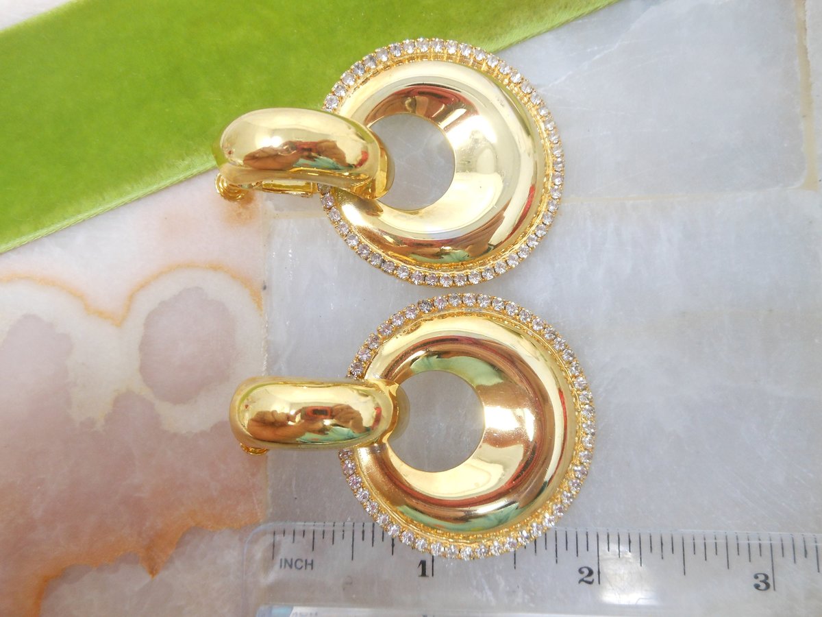 Vintage DAUPLAISE Huge Earrings Clip On Rhinestone Dangle Drop Door Knocker Designer Mid Century Jewelry Gift, VivianJoel.com