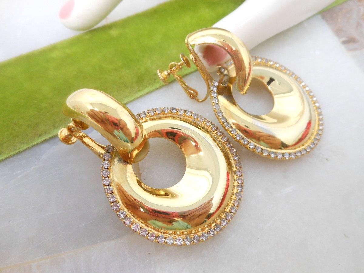 Vintage DAUPLAISE Huge Earrings Clip On Rhinestone Dangle Drop Door Knocker Designer Mid Century Jewelry Gift, VivianJoel.com