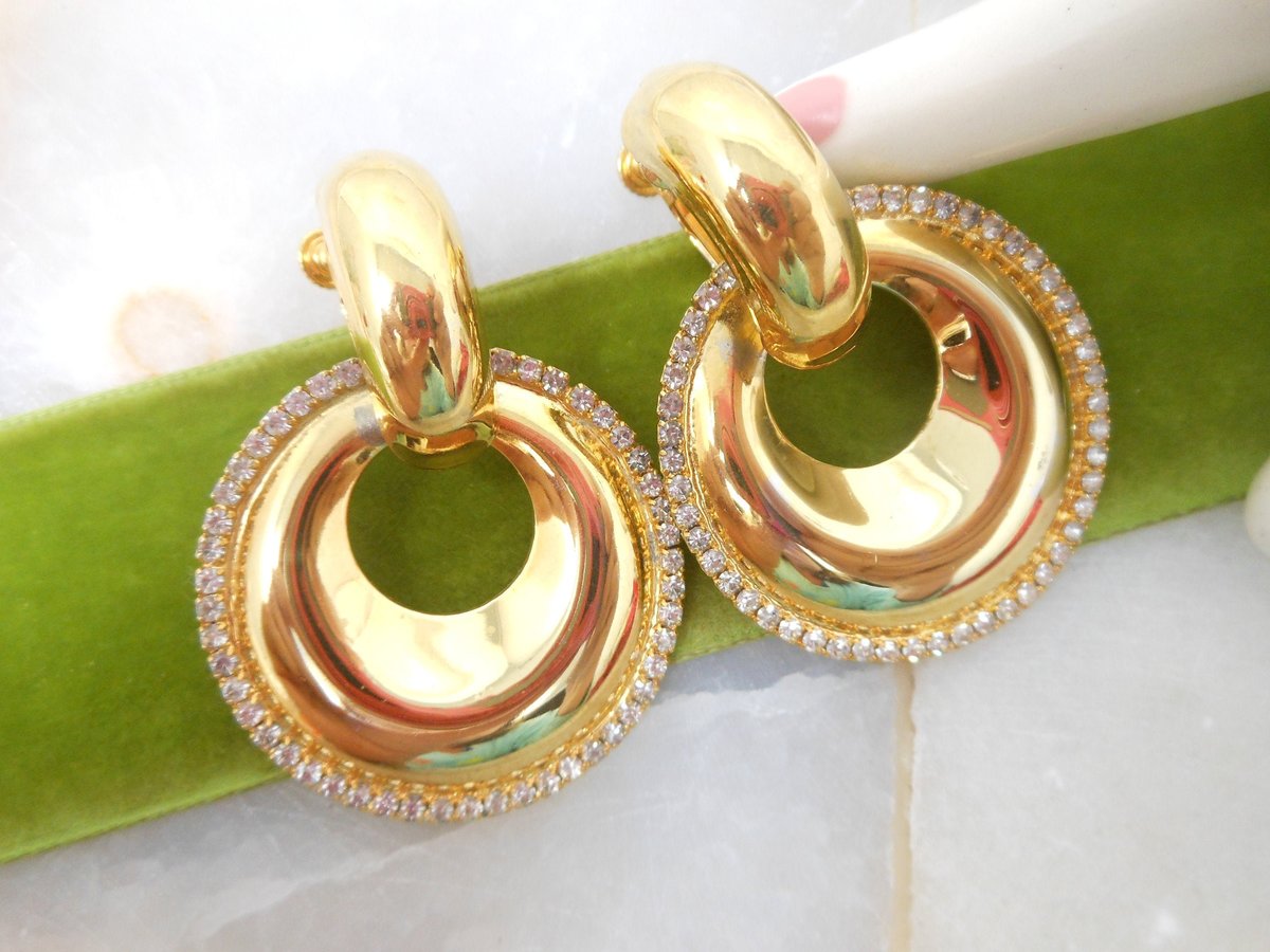 Vintage DAUPLAISE Huge Earrings Clip On Rhinestone Dangle Drop Door Knocker Designer Mid Century Jewelry Gift, VivianJoel.com