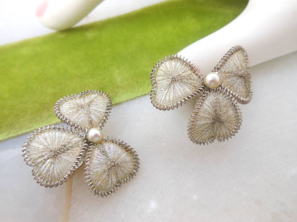 Vintage GERMANY Shamrock Clover Earrings Clip On Fine Tinsel Wire Pearl Jewelry Gift Mid Century, VivianJoel.com
