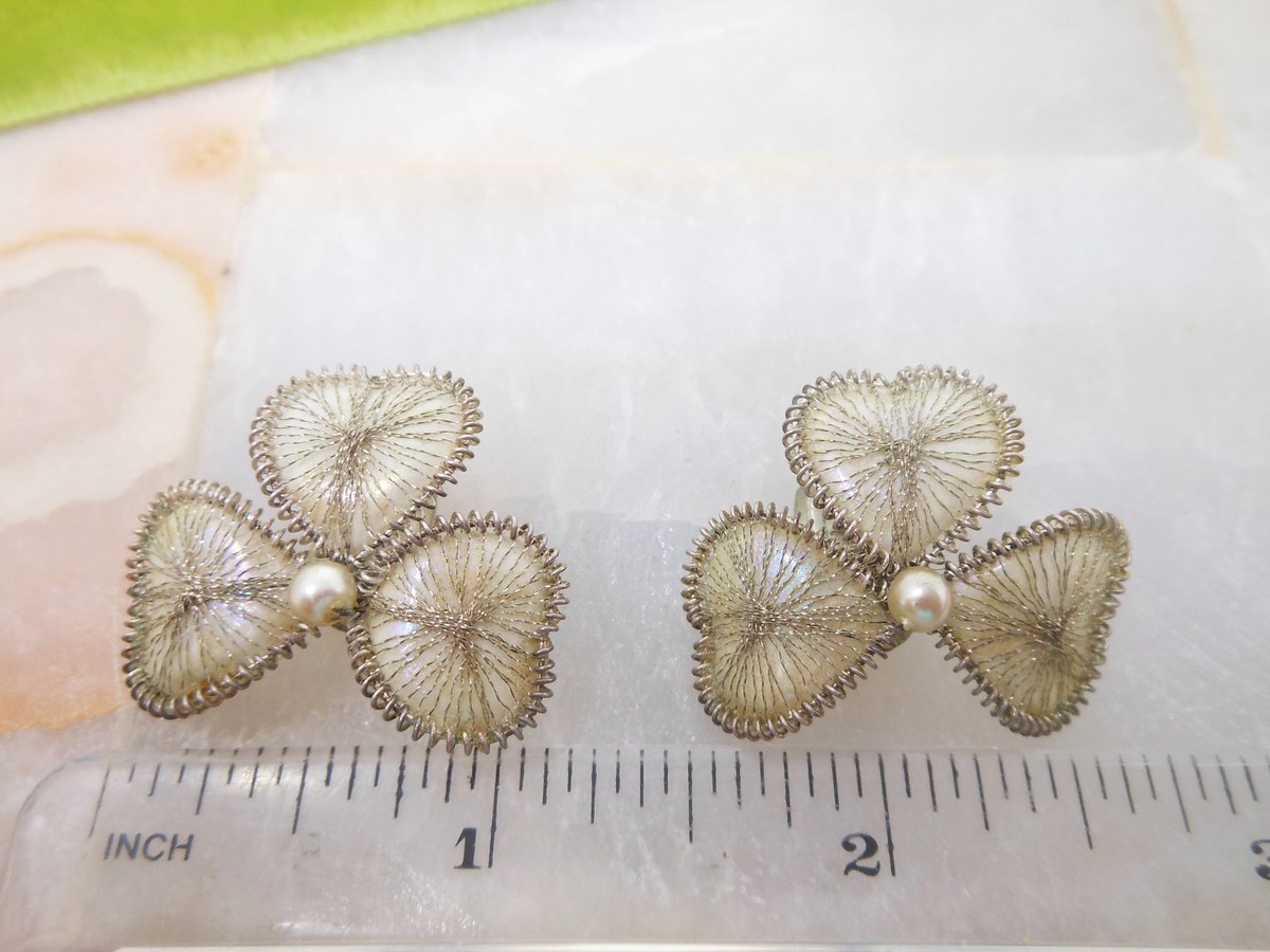 Vintage GERMANY Shamrock Clover Earrings Clip On Fine Tinsel Wire Pearl Jewelry Gift Mid Century, VivianJoel.com