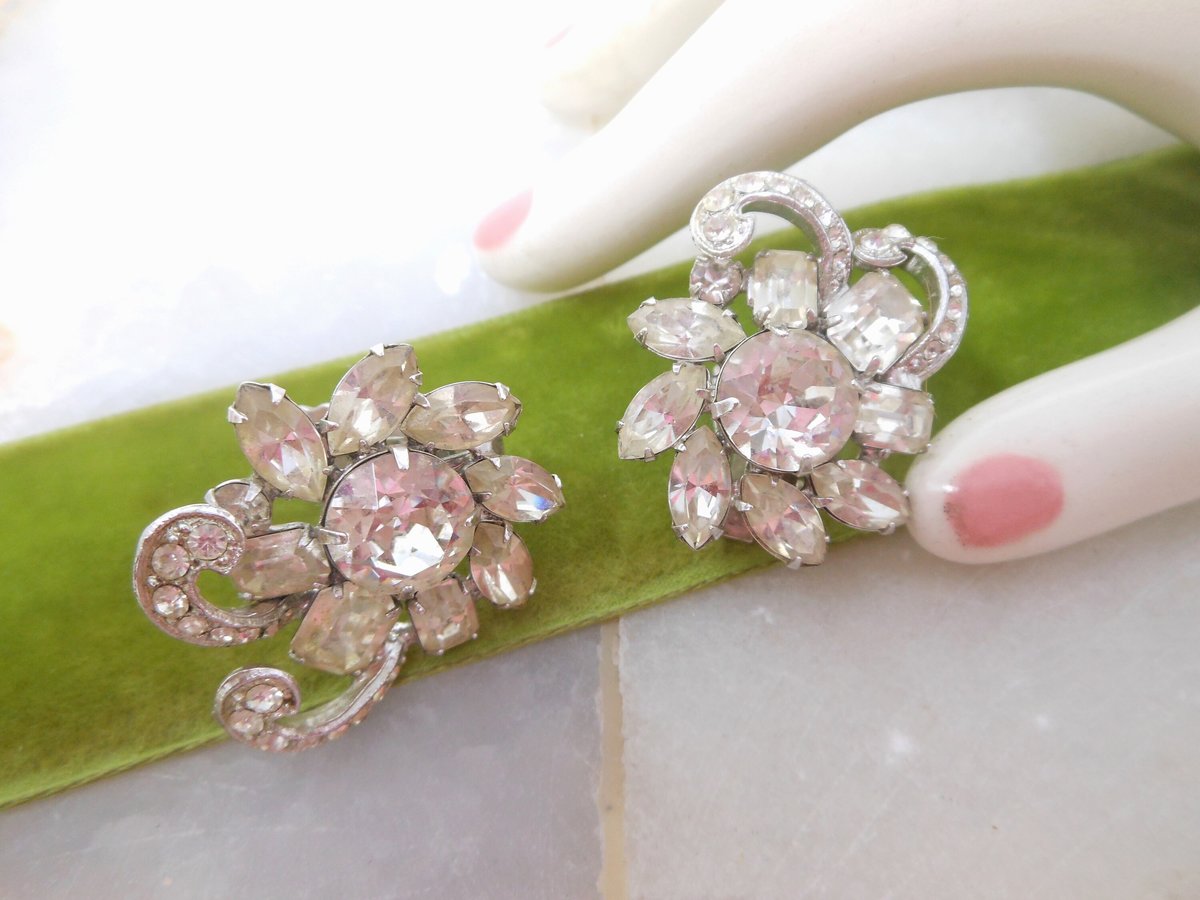 Vintage EISENBERG Earrings Rhinestone Crystal Clip On Flower Wedding Bride Designer Mid Century Jewelry Gift, VivianJoel.com