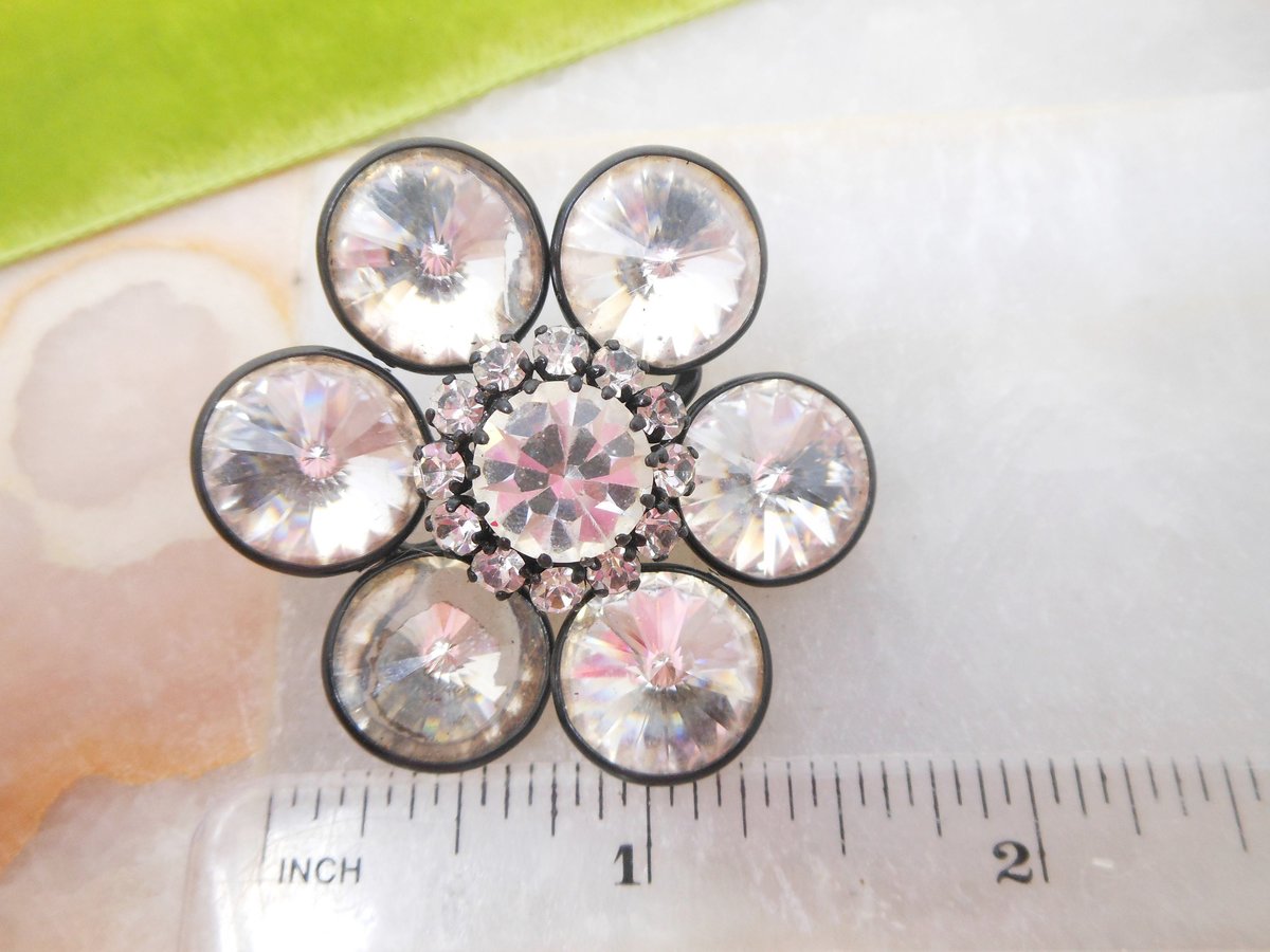 Vintage AUSTRIA Flower Pin Brooch Designer Crystal Rhinestone Mod Jewelry Gift Mid Century *as is*, VivianJoel.com