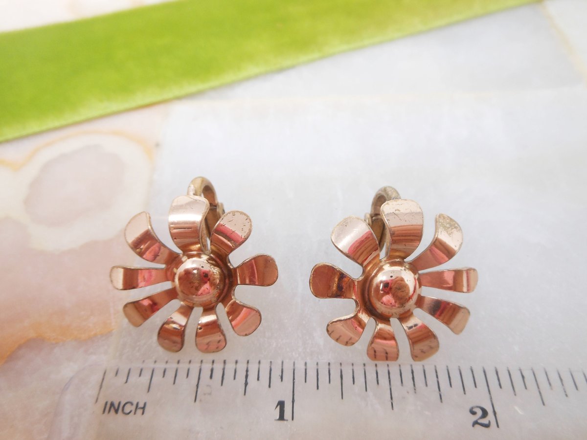 Vintage NAPIER Sterling Silver Earrings Mod Flower Clip On Copper Rose Gold Vermiel Designer Mid Century Jewelry Gift, VivianJoel.com