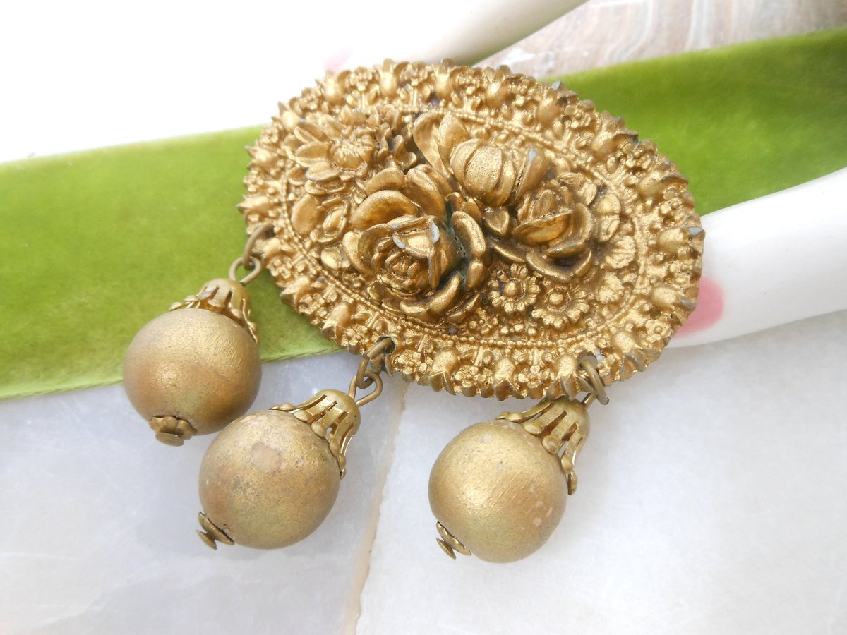Vintage Flower Brooch Dangle Bead Pin Mid Century Metallic Plastic Resin Rose Victorian Revival Jewelry Gift, VivianJoel.com