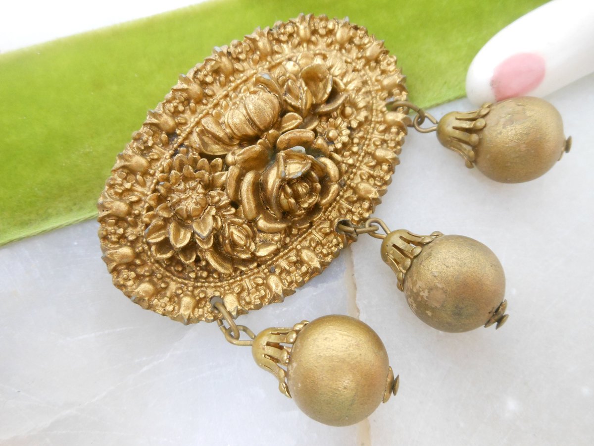 Vintage Flower Brooch Dangle Bead Pin Mid Century Metallic Plastic Resin Rose Victorian Revival Jewelry Gift, VivianJoel.com