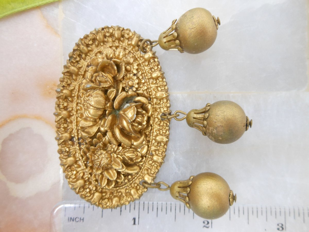 Vintage Flower Brooch Dangle Bead Pin Mid Century Metallic Plastic Resin Rose Victorian Revival Jewelry Gift, VivianJoel.com