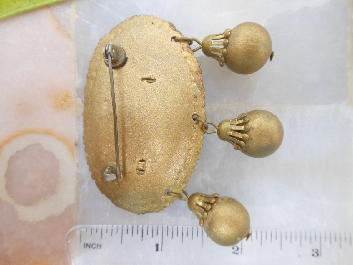 Vintage Flower Brooch Dangle Bead Pin Mid Century Metallic Plastic Resin Rose Victorian Revival Jewelry Gift, VivianJoel.com