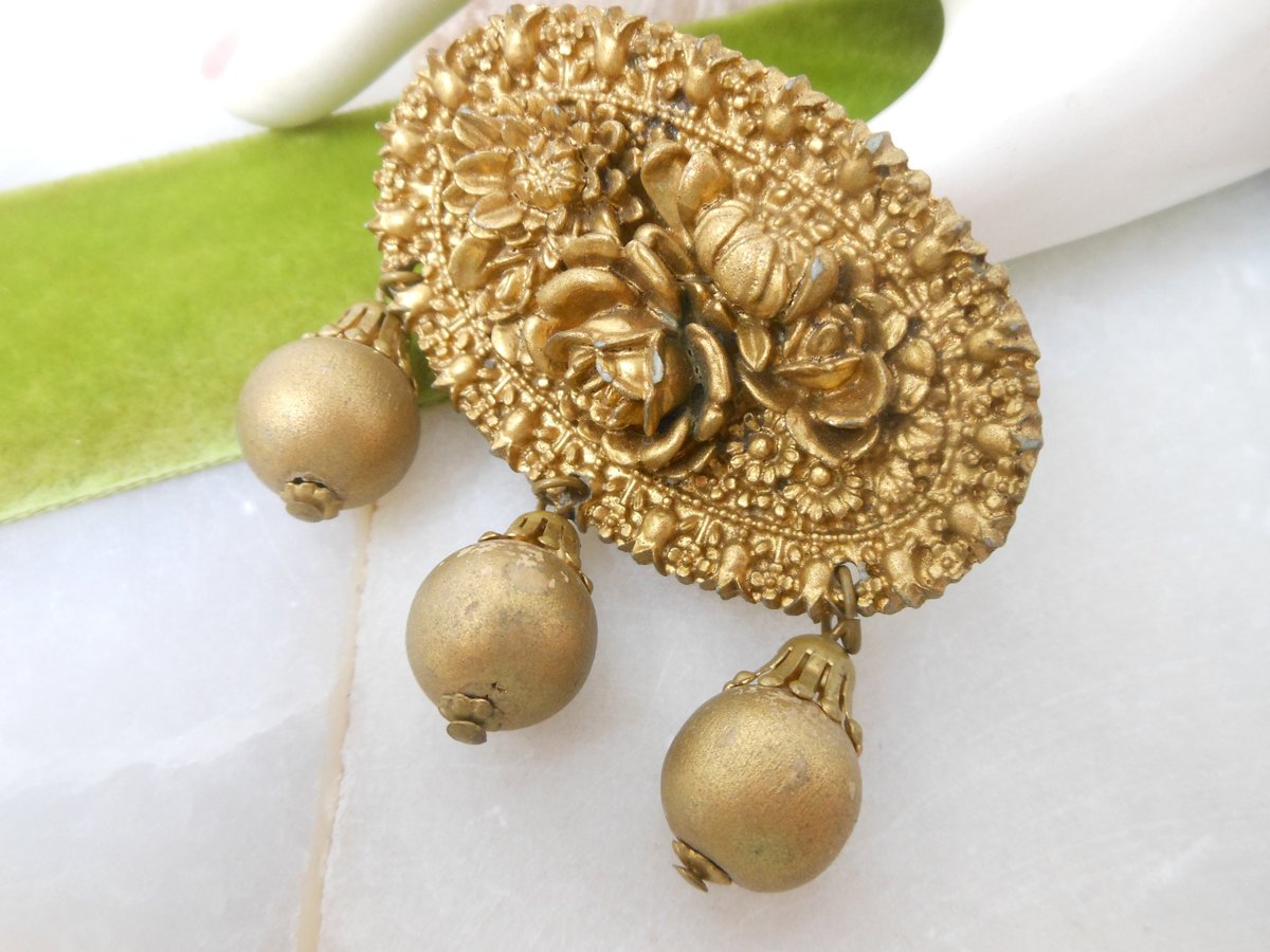 Vintage Flower Brooch Dangle Bead Pin Mid Century Metallic Plastic Resin Rose Victorian Revival Jewelry Gift, VivianJoel.com