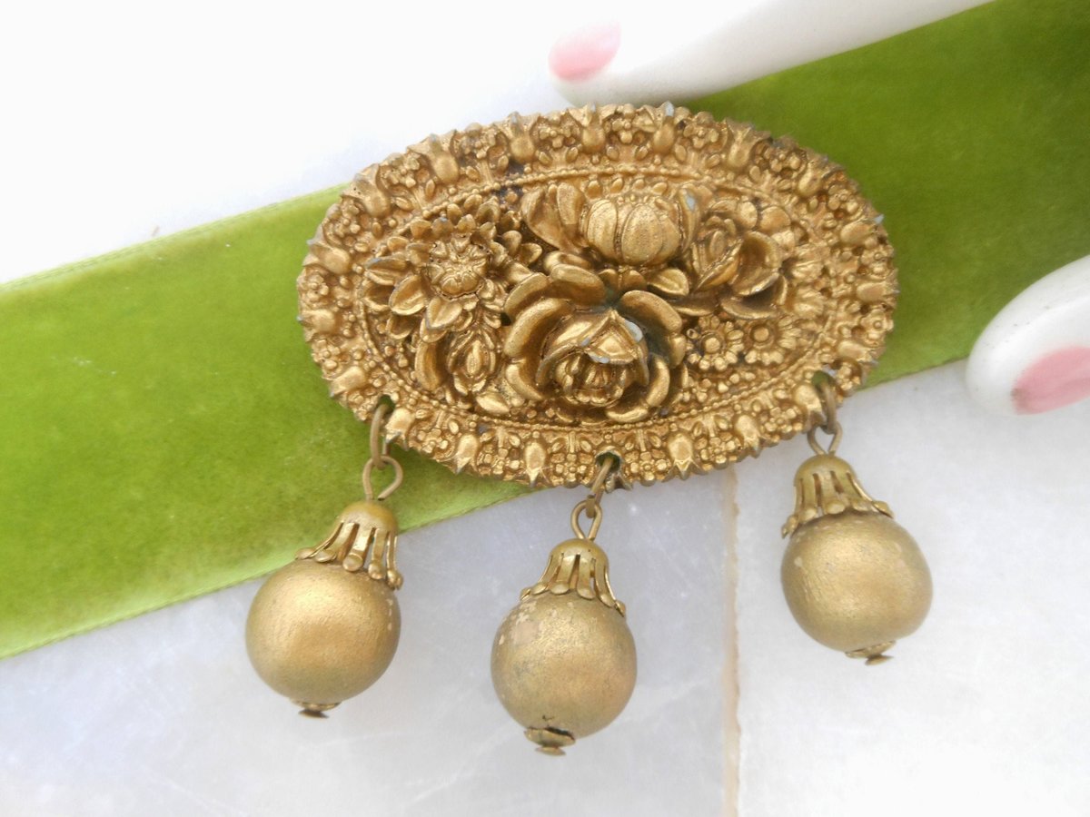 Vintage Flower Brooch Dangle Bead Pin Mid Century Metallic Plastic Resin Rose Victorian Revival Jewelry Gift, VivianJoel.com