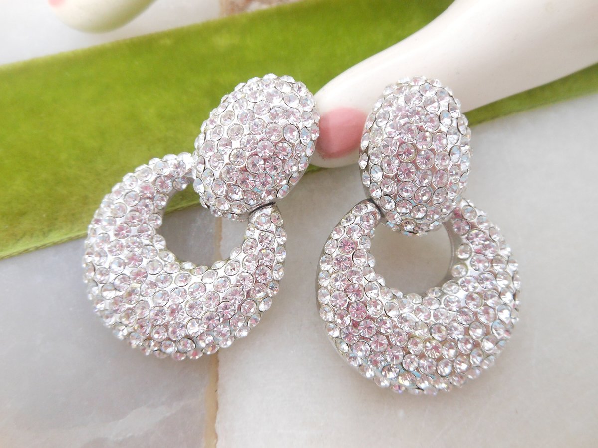 Vintage JARIN Designer Earrings Dangle Door Knocker Clip On Rhinestone Crystal Drop Couture Runway Statement Jewelry Gift, VivianJoel.com