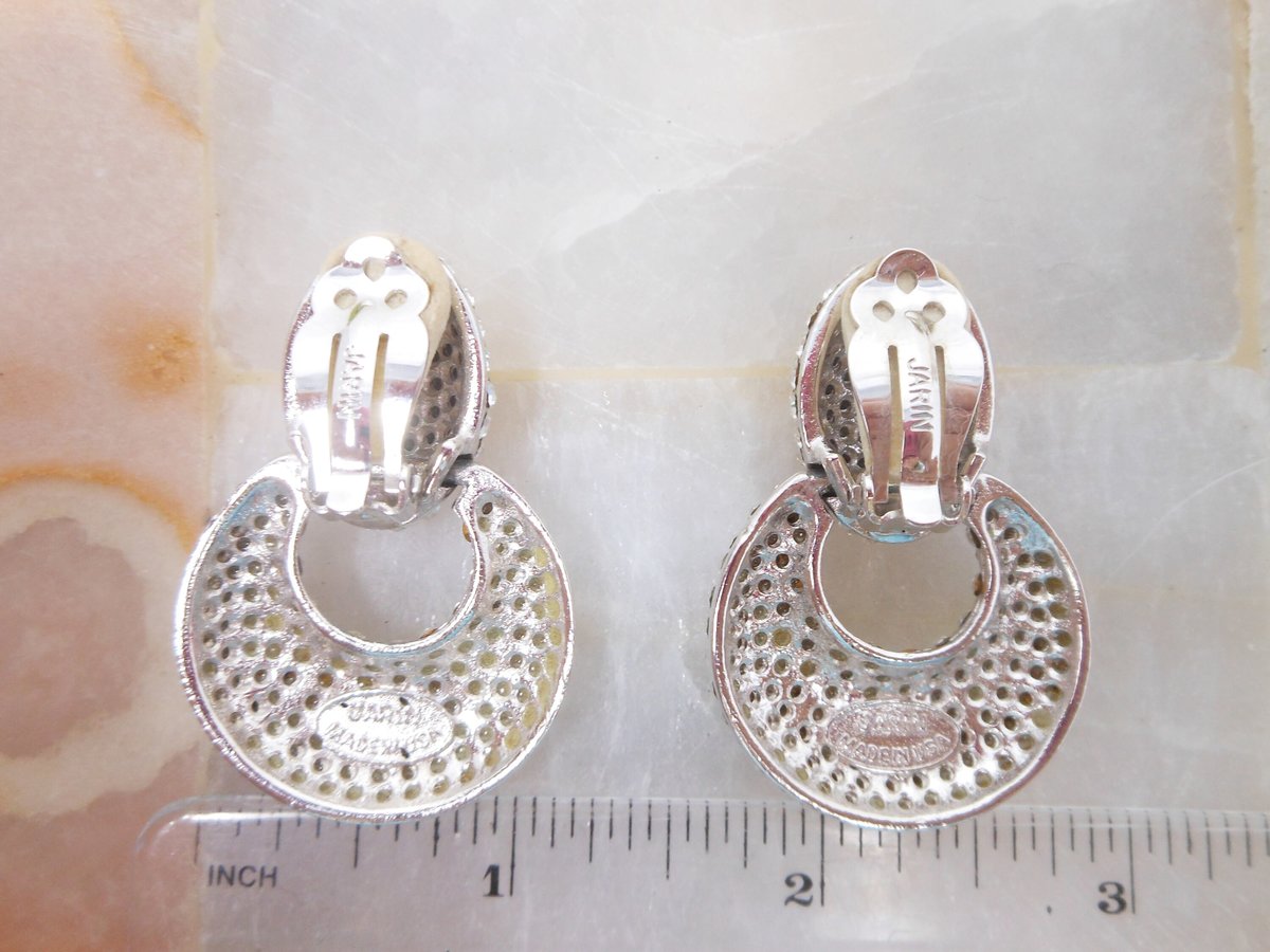 Vintage JARIN Designer Earrings Dangle Door Knocker Clip On Rhinestone Crystal Drop Couture Runway Statement Jewelry Gift, VivianJoel.com