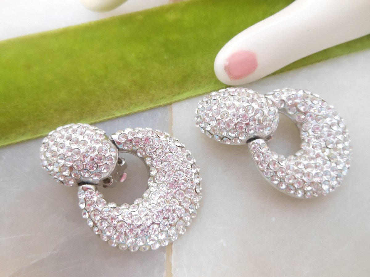 Vintage JARIN Designer Earrings Dangle Door Knocker Clip On Rhinestone Crystal Drop Couture Runway Statement Jewelry Gift, VivianJoel.com