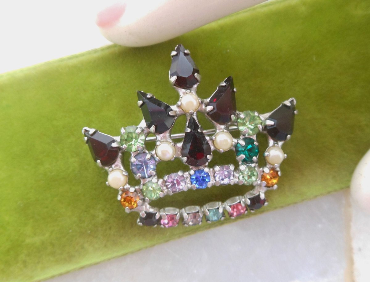 Vintage B DAVID Crown Rhinestone Pearl Pin Brooch Designer Ornate Gift Jewelry Mid Century, VivianJoel.com