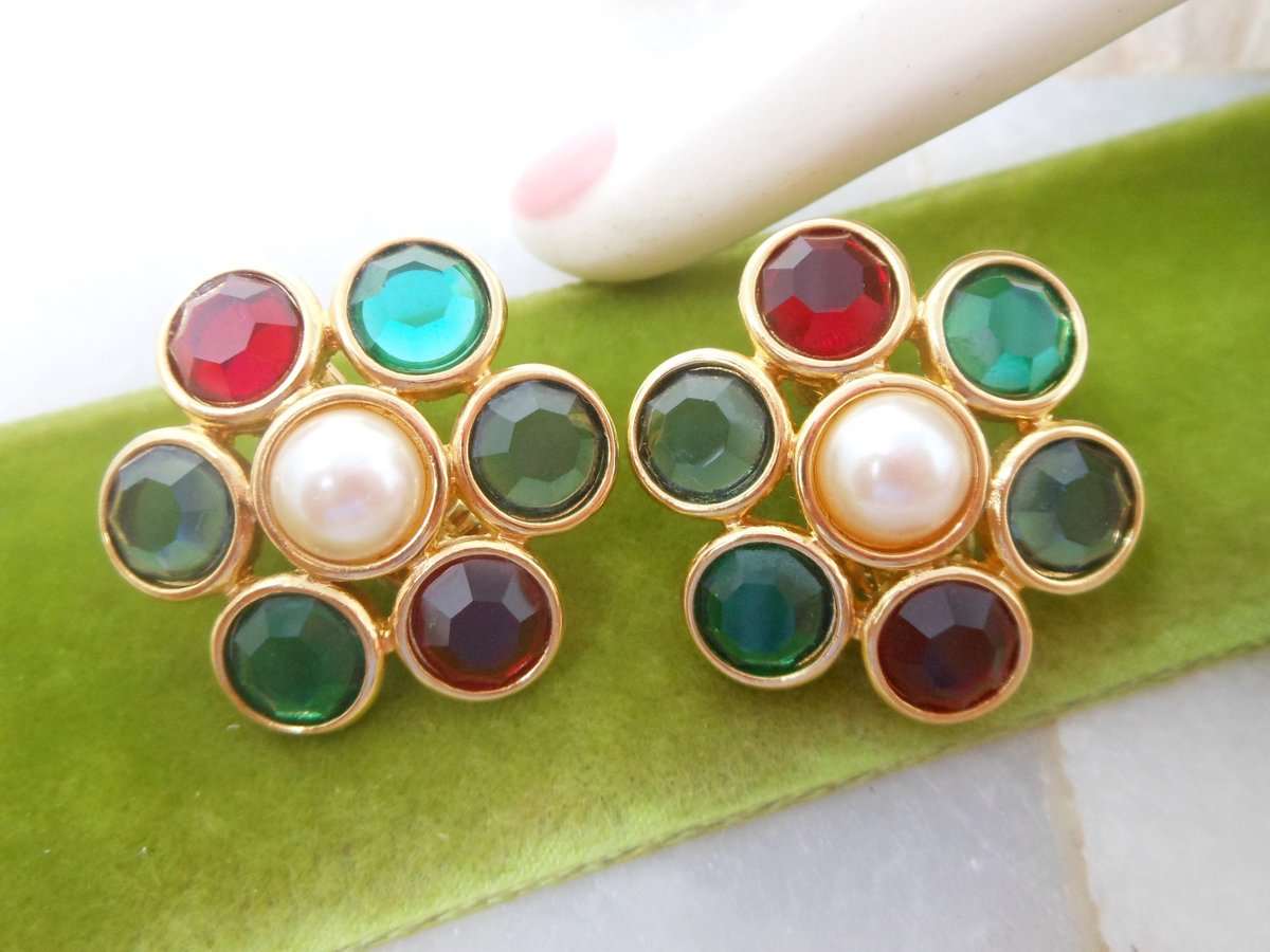 Vintage MONET Mogul Earrings Clip On Fruit Salad Crystal Pearl Designer Statement Runway Jewelry Mid Century, VivianJoel.com