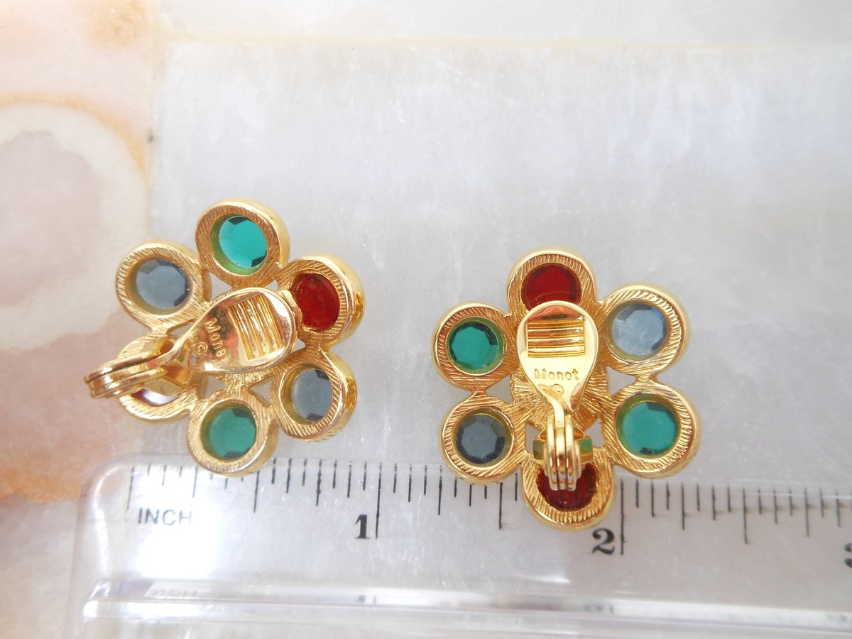 Vintage MONET Mogul Earrings Clip On Fruit Salad Crystal Pearl Designer Statement Runway Jewelry Mid Century, VivianJoel.com