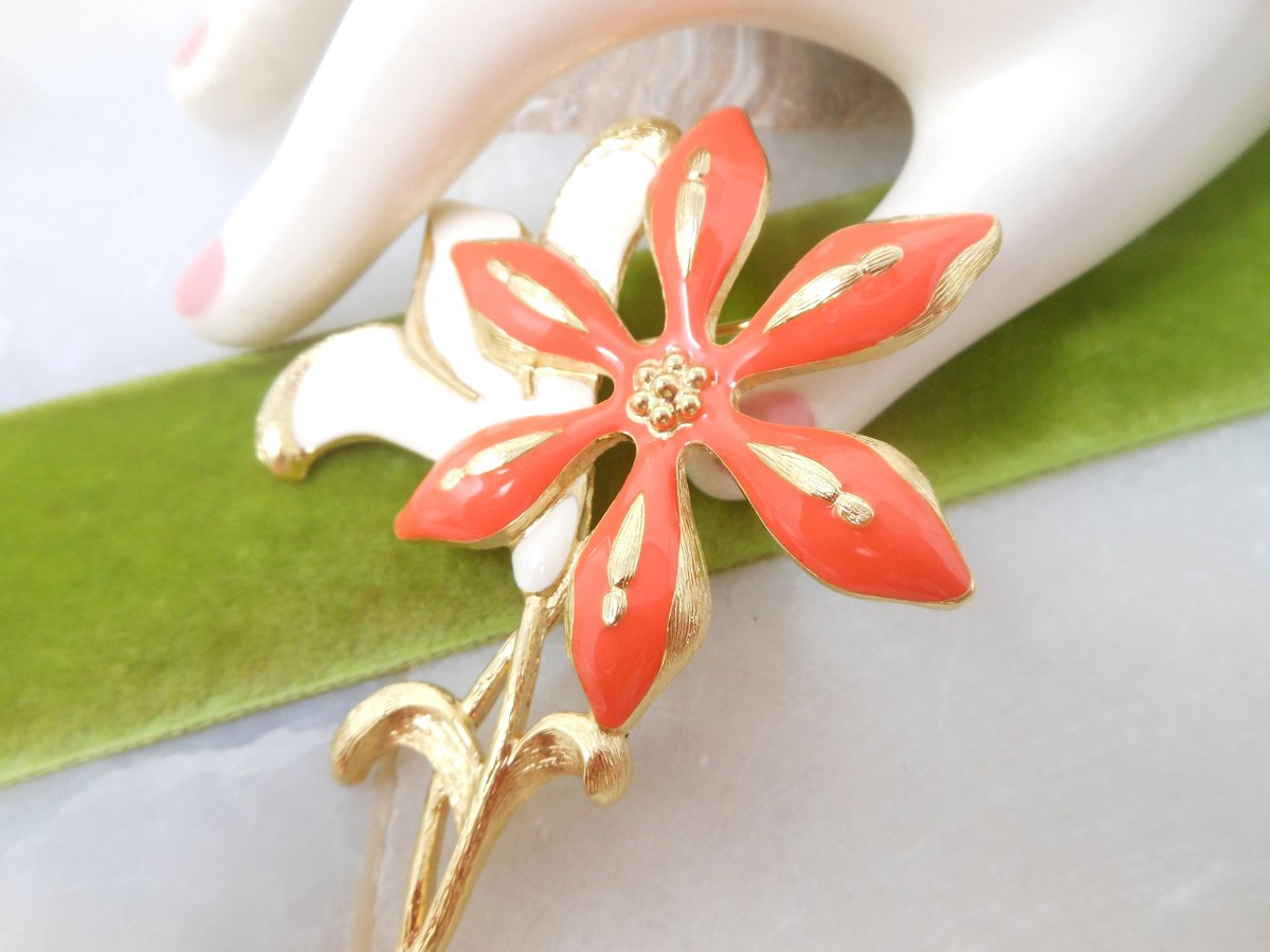 Vintage Huge MONET Mod Brooch Orange Flower Pin Gold Plate Enamel Daisy Designer Mid Century Jewelry Gift, VivianJoel.com