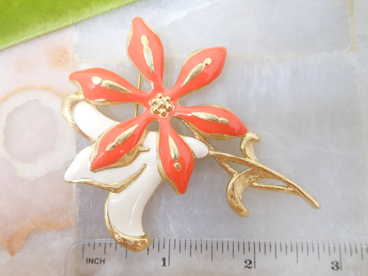 Vintage Huge MONET Mod Brooch Orange Flower Pin Gold Plate Enamel Daisy Designer Mid Century Jewelry Gift, VivianJoel.com