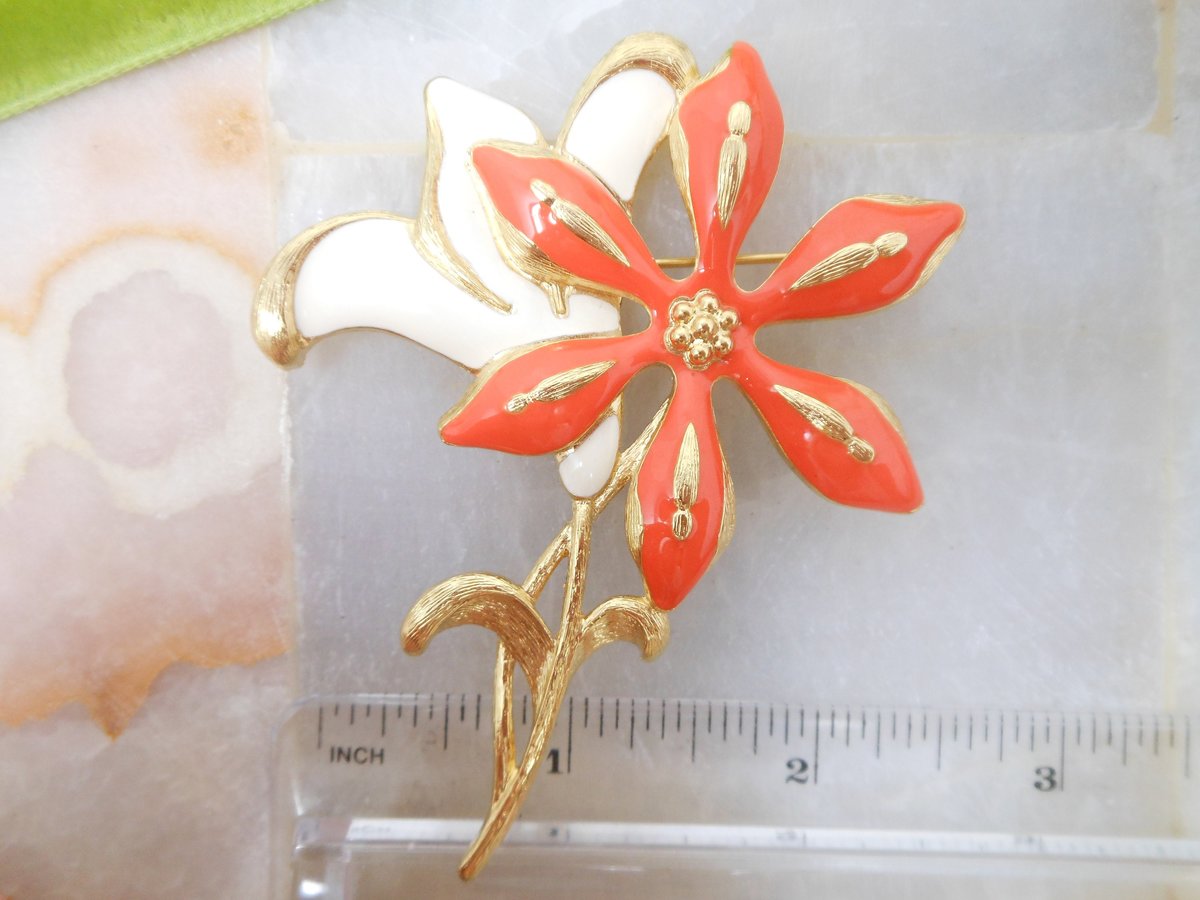 Vintage Huge MONET Mod Brooch Orange Flower Pin Gold Plate Enamel Daisy Designer Mid Century Jewelry Gift, VivianJoel.com