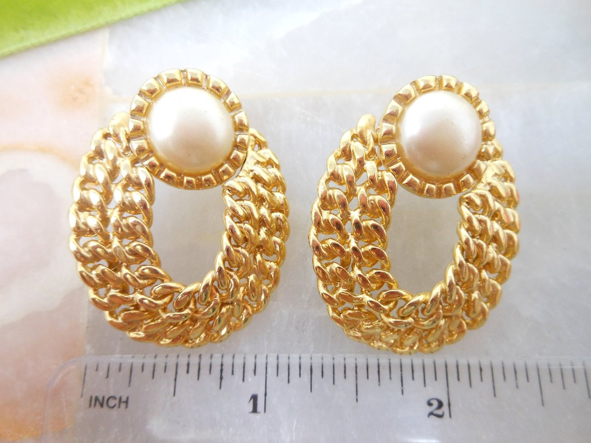 Vintage KENNETH Jay LANE KJL Earrings Dangle Drop Door Knocker Gold Plate Pearl Designer Pierced Jewelry Gift, VivianJoel.com
