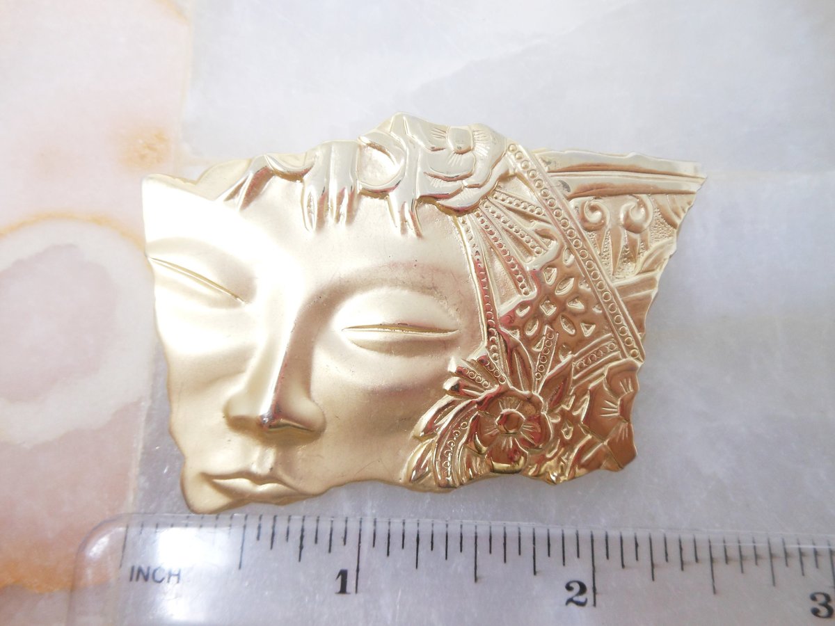 Vintage JJ Brooch Designer Goddess Face Pin Flower Art Deco Goldtone Figural Jewelry Gift, VivianJoel.com