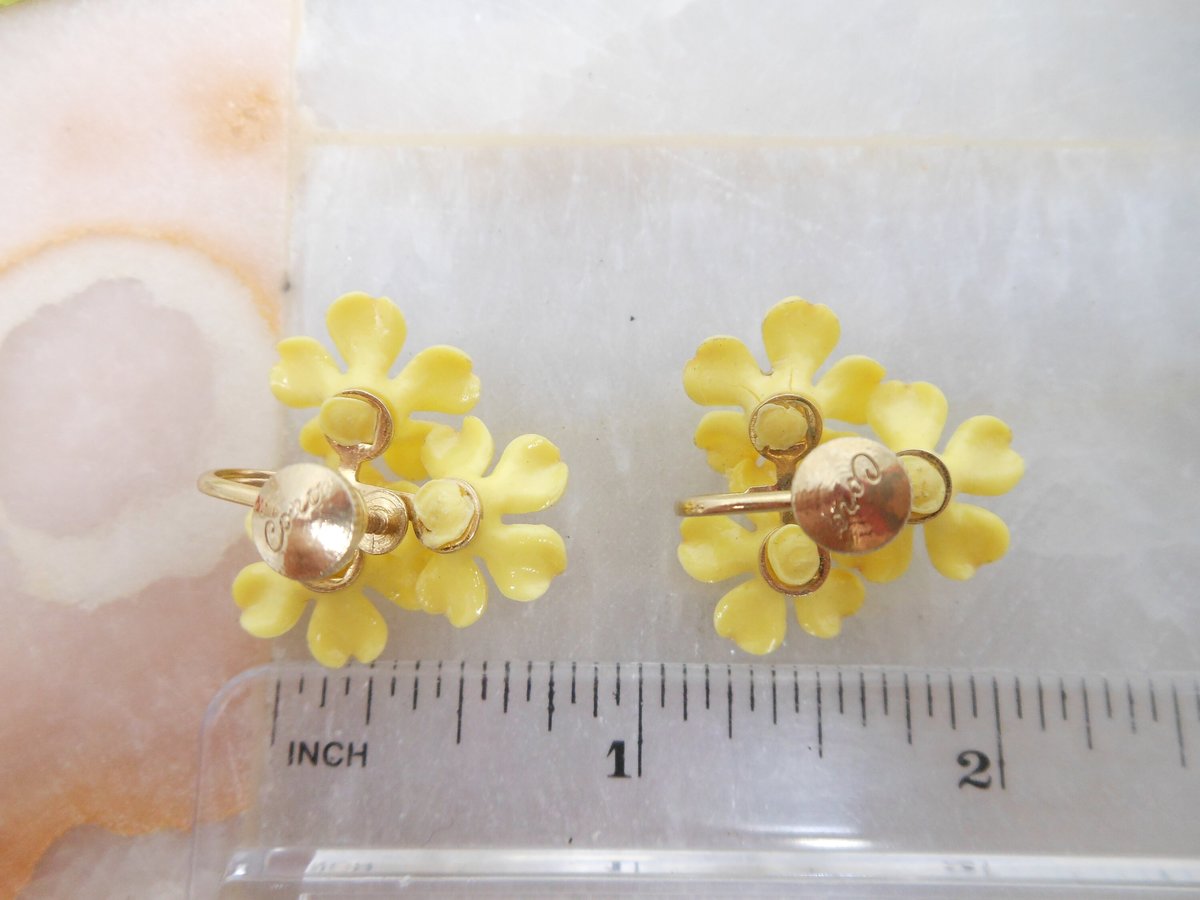 Vintage CORO Yellow Flower Earrings Plastic Rhinestone Daisy Screw Back Kitsch Designer Jewelry Gift Mid Century, VivianJoel.com