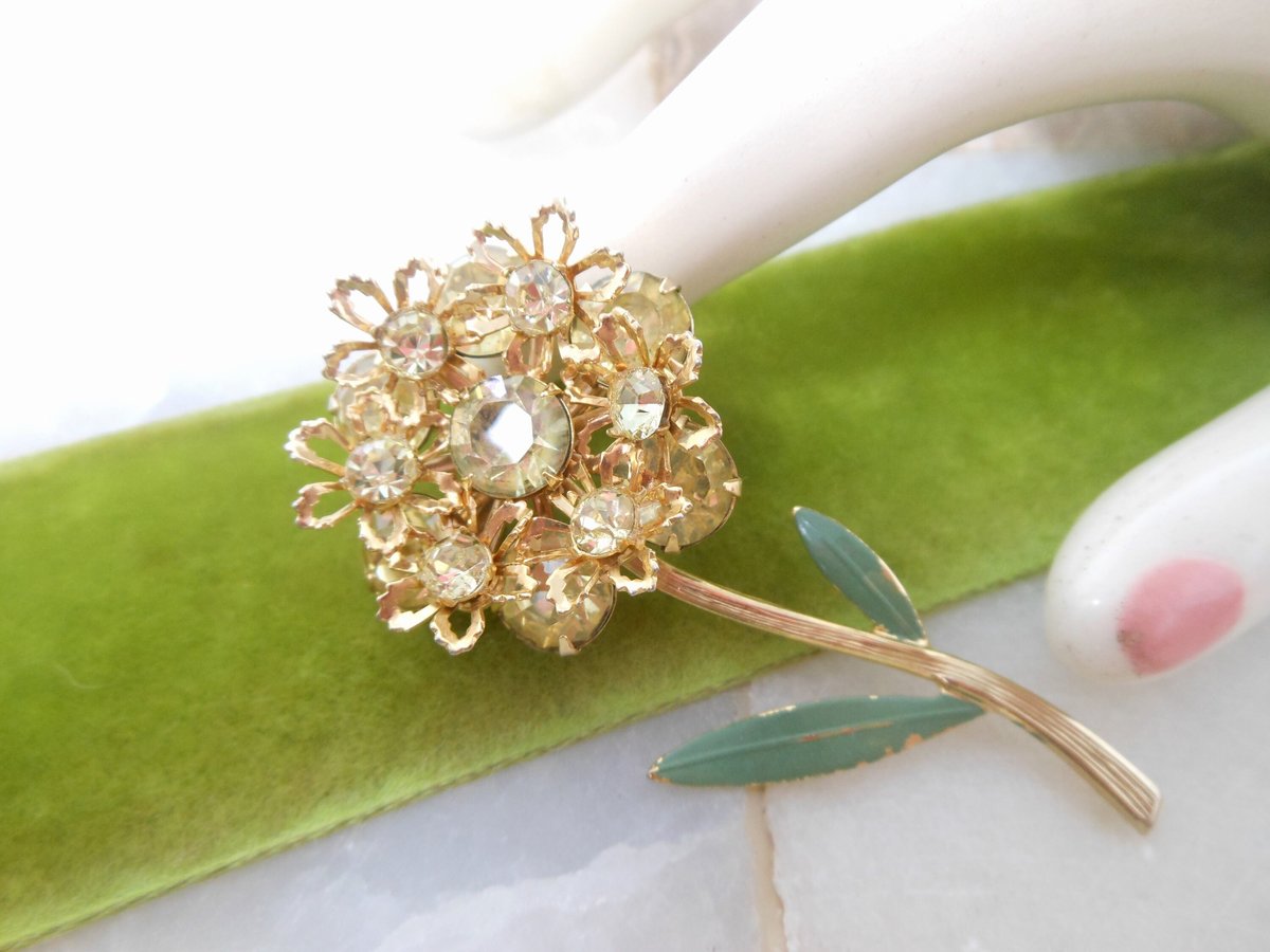 Vintage Citrine Flower Brooch Pale Yellow Rhinestone Pin Crystal Jewelry Gift Mid Century, VivianJoel.com
