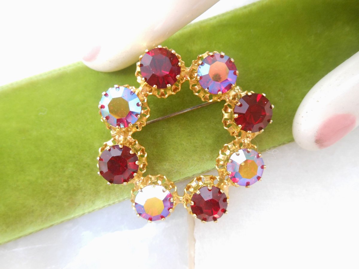 Vintage AUSTRIA Crystal Wreath Designer Rhinestone Pin Brooch Red Aurora Borealis Ornate Mid Century Jewelry Gift, VivianJoel.com