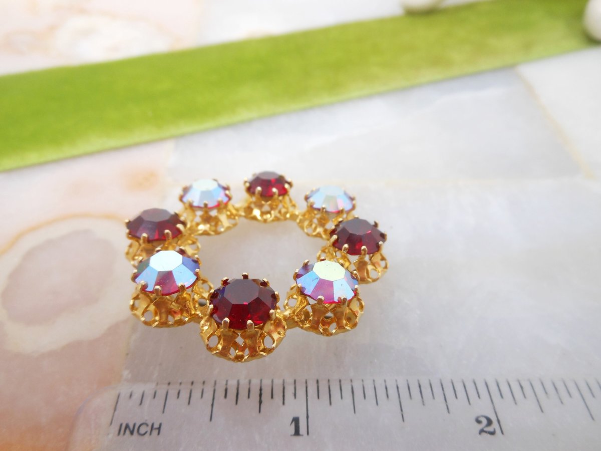Vintage AUSTRIA Crystal Wreath Designer Rhinestone Pin Brooch Red Aurora Borealis Ornate Mid Century Jewelry Gift, VivianJoel.com