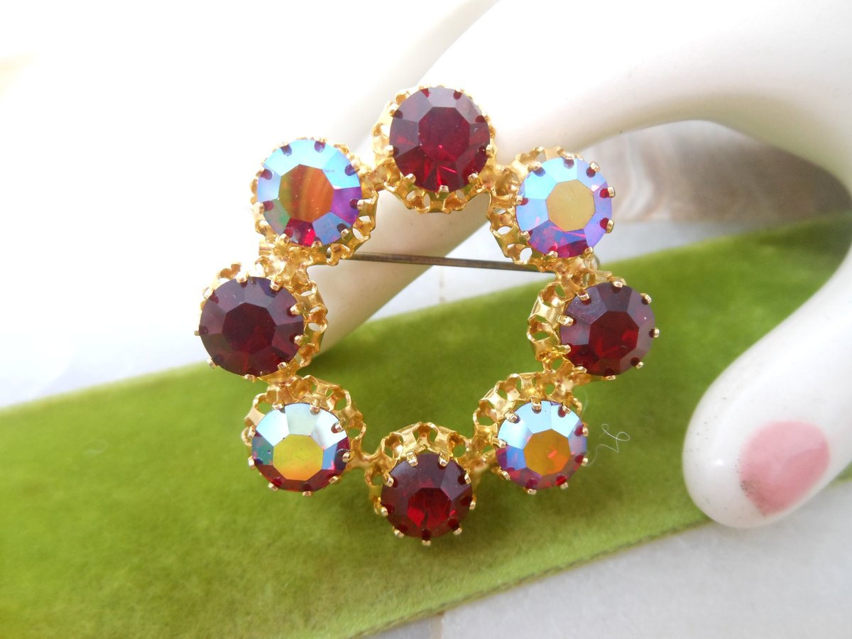 Vintage AUSTRIA Crystal Wreath Designer Rhinestone Pin Brooch Red Aurora Borealis Ornate Mid Century Jewelry Gift, VivianJoel.com