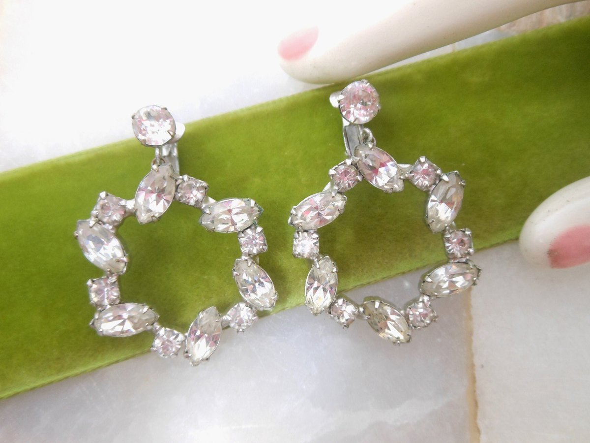 Vintage Rhinestone Earrings Dangle Drop Clip On Crystal Wedding Clear Ice Jewelry Gift Mid Century, VivianJoel.com