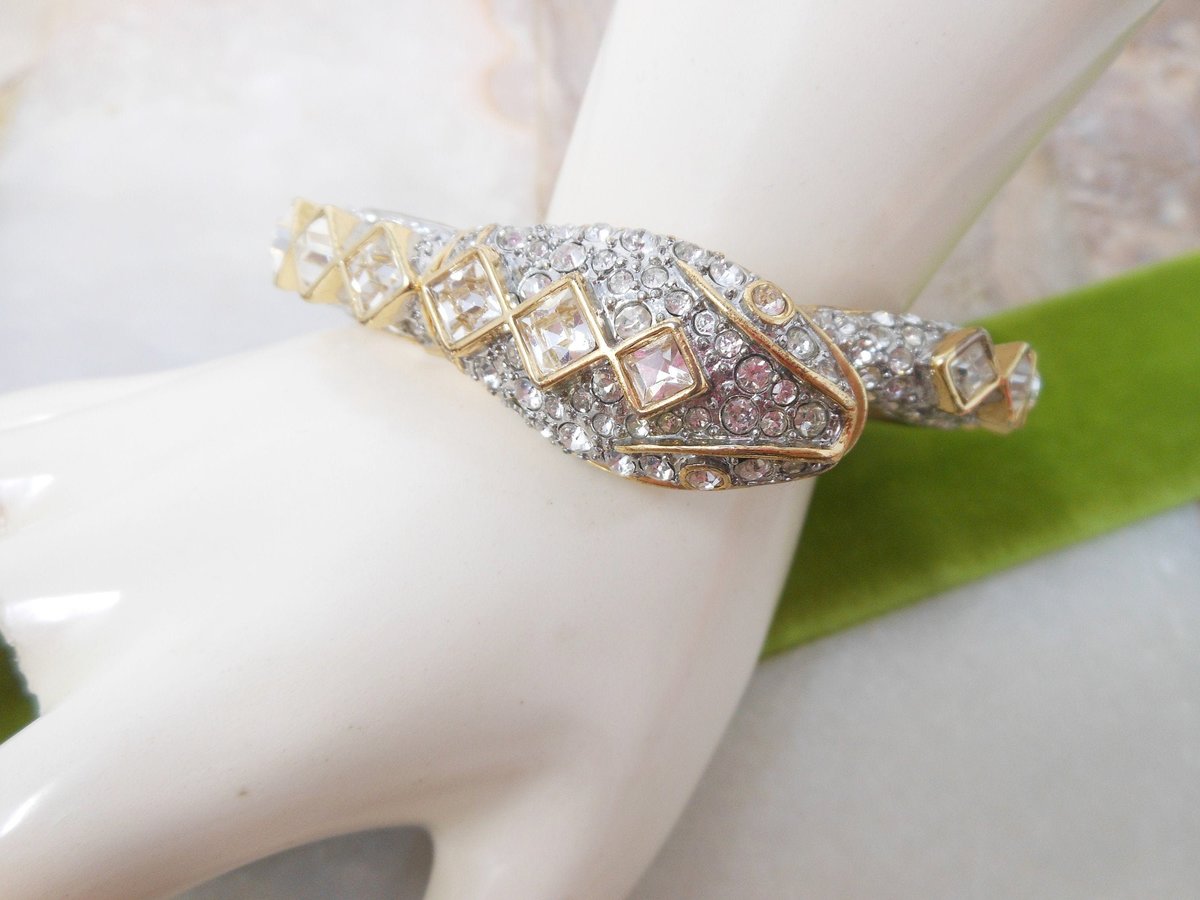 Vintage KENNETH Jay LANE Bracelet Snake Statement Designer Clamper Cuff Crystal KJL Runway Jewelry Gift, VivianJoel.com