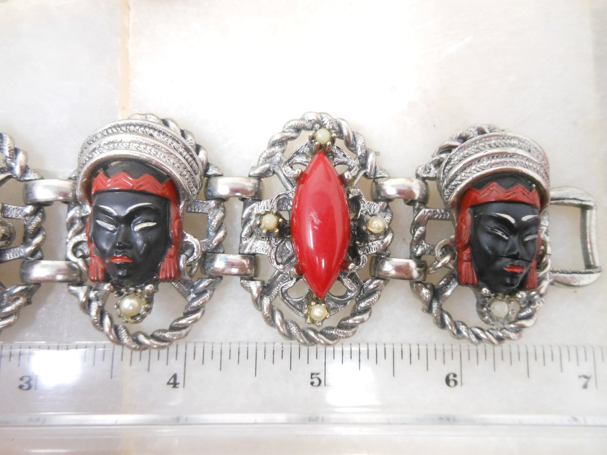 Vintage SELRO SELINI Chunky Bracelet African Princess Mask Face Red Lucite Pearl Brutalist Designer Mid Century Jewelry Gift, VivianJoel.com