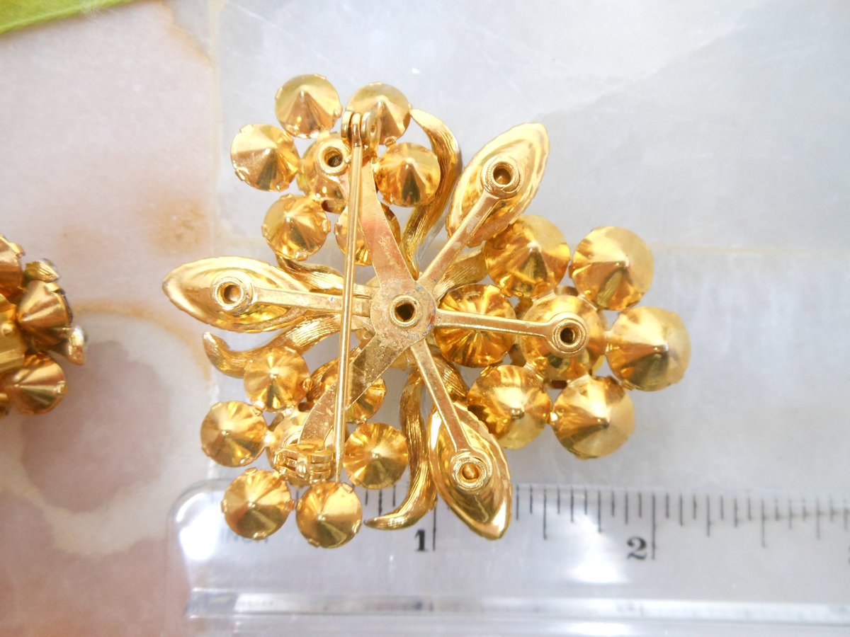 Vintage Rhinestone Brooch Earrings Set Starburst Flower Pin Red Crystal Mid Century Jewelry Gift, VivianJoel.com