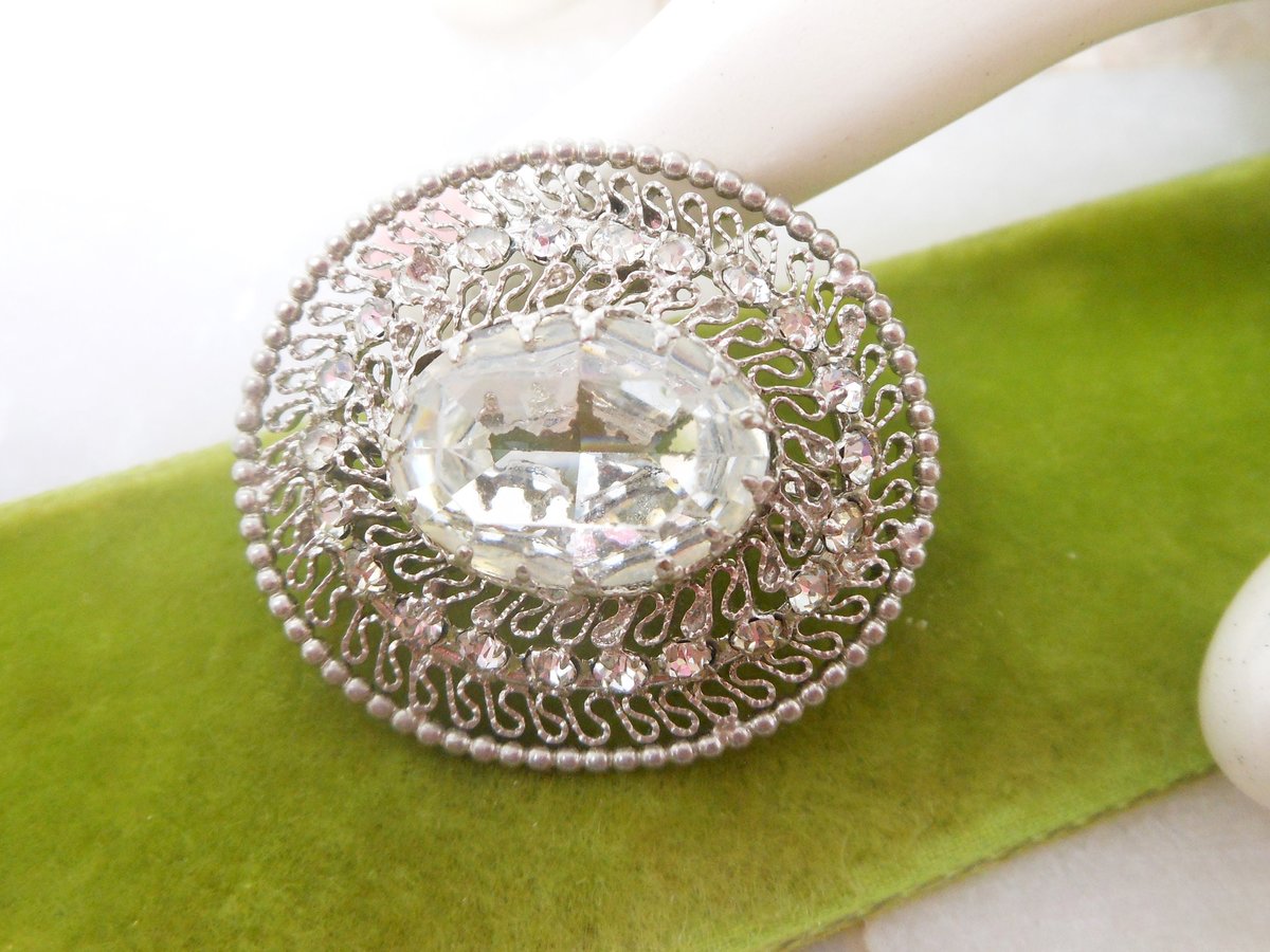 Vintage AUSTRIA Ornate Filigree Crystal Pin Brooch Clear Rhinestone Victorian Renaissance Revival Mid Century Jewelry Gift, VivianJoel.com