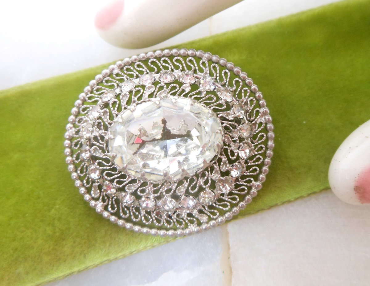 Vintage AUSTRIA Ornate Filigree Crystal Pin Brooch Clear Rhinestone Victorian Renaissance Revival Mid Century Jewelry Gift, VivianJoel.com
