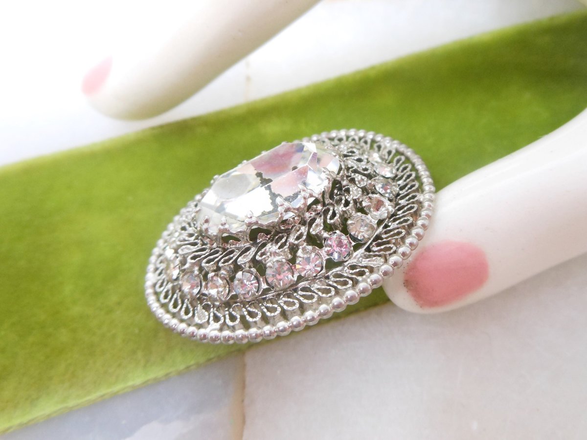 Vintage AUSTRIA Ornate Filigree Crystal Pin Brooch Clear Rhinestone Victorian Renaissance Revival Mid Century Jewelry Gift, VivianJoel.com