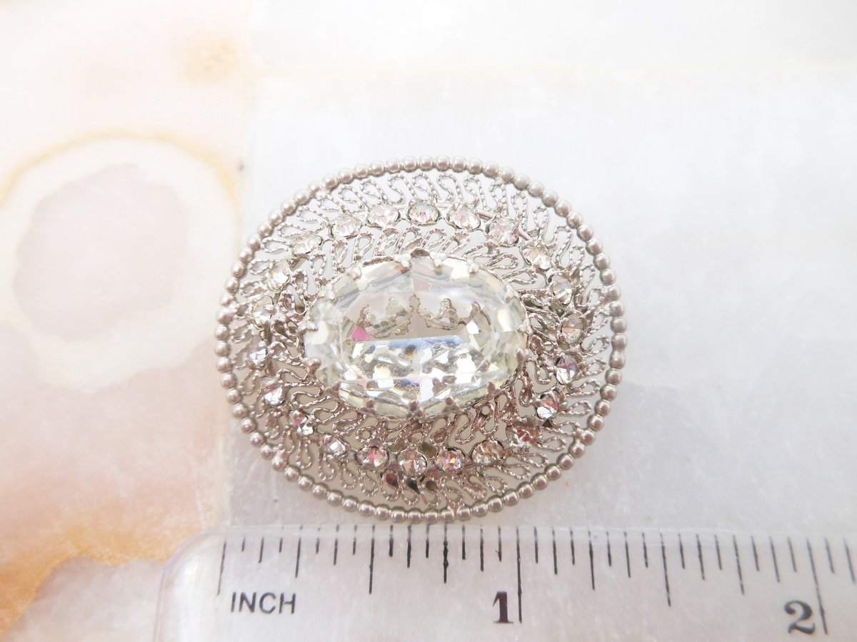 Vintage AUSTRIA Ornate Filigree Crystal Pin Brooch Clear Rhinestone Victorian Renaissance Revival Mid Century Jewelry Gift, VivianJoel.com