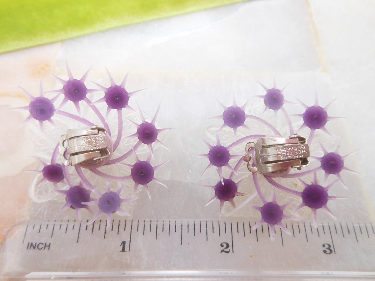 Vintage WEST GERMANY Earrings Purple Flower Plastic Starburst Rhinestone Bow Designer Clip On Jewelry Mid Century, VivianJoel.com