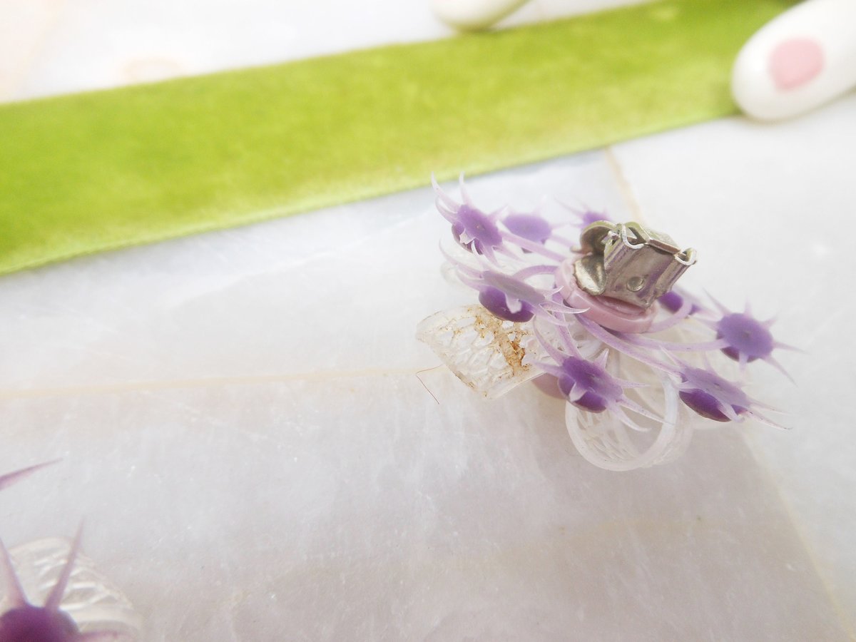 Vintage WEST GERMANY Earrings Purple Flower Plastic Starburst Rhinestone Bow Designer Clip On Jewelry Mid Century, VivianJoel.com