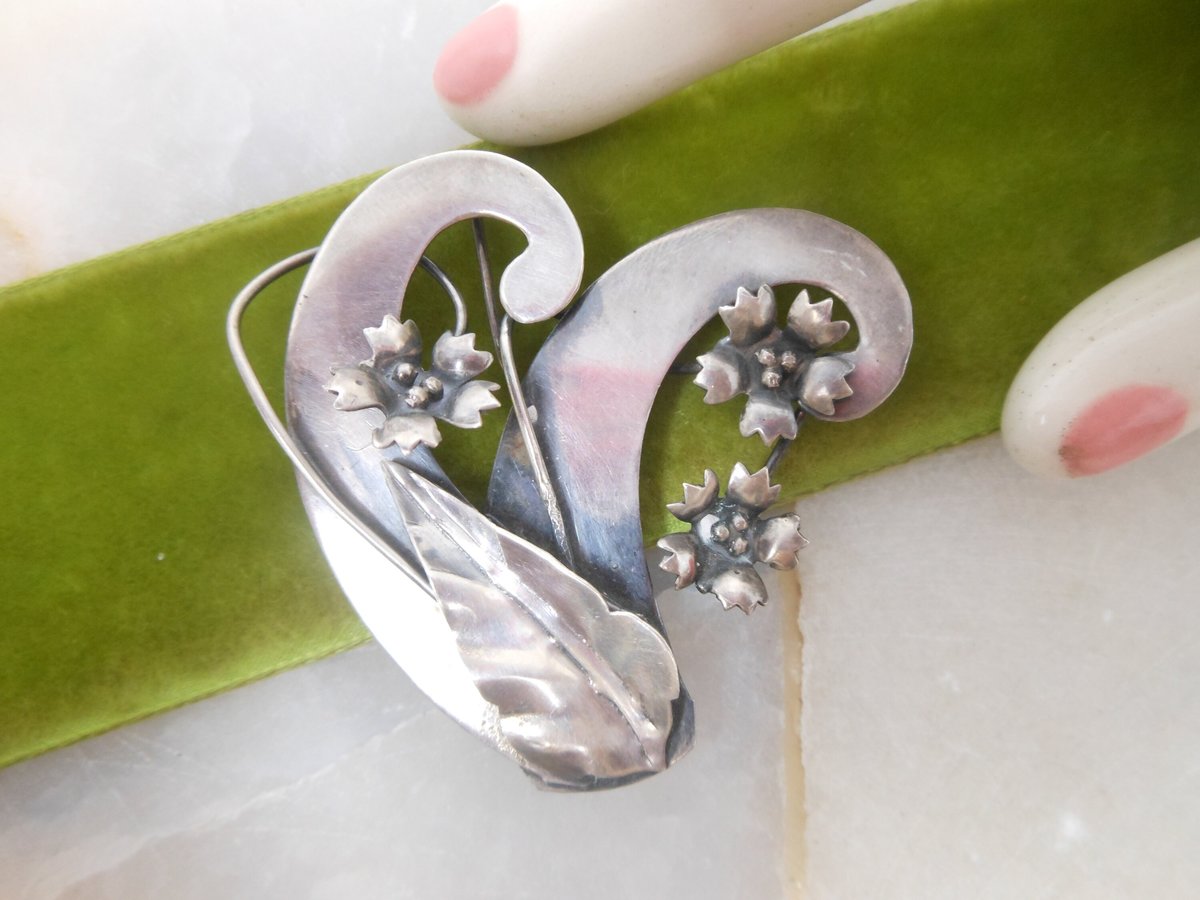Vintage STERLING SILVER Flower Pin Brooch Art Nouveau Deco Bouquet Jewelry Gift Mid Century, VivianJoel.com