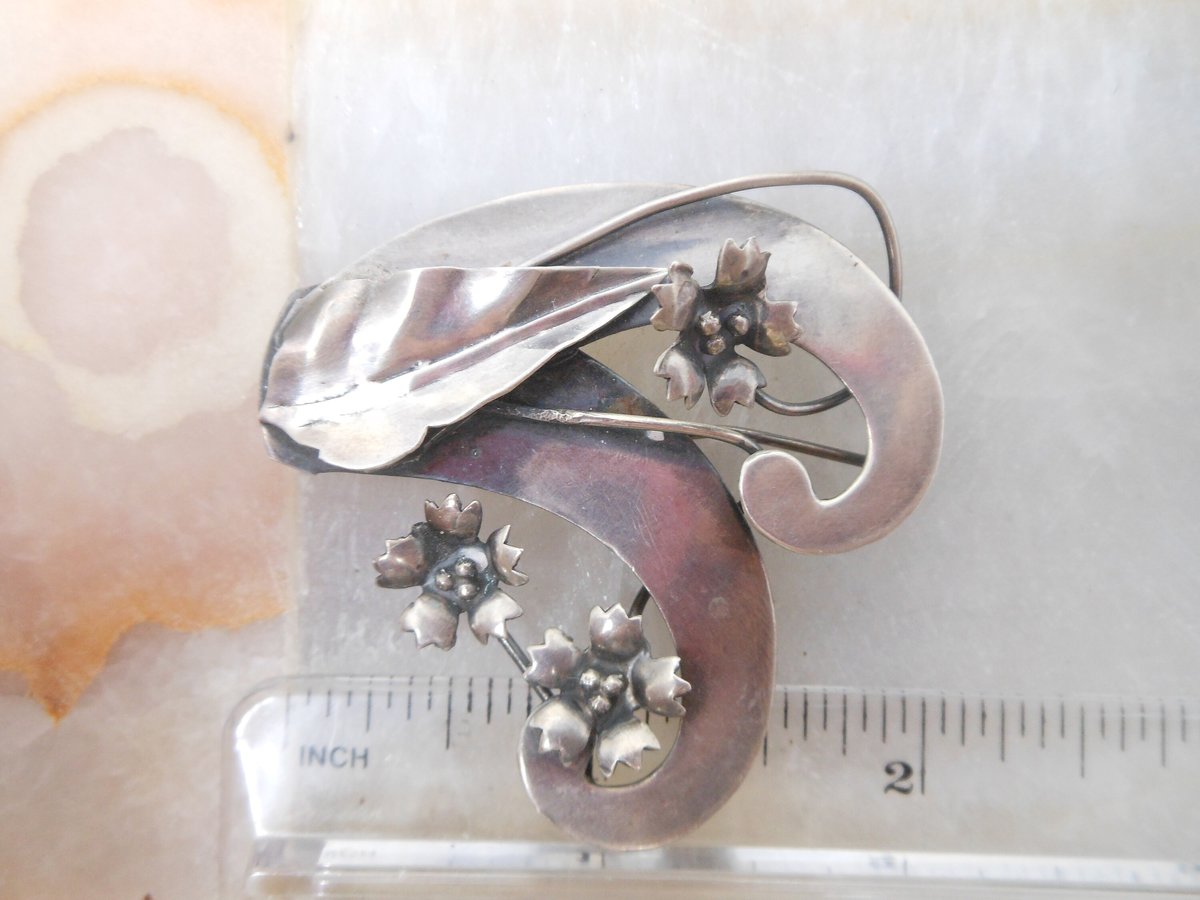 Vintage STERLING SILVER Flower Pin Brooch Art Nouveau Deco Bouquet Jewelry Gift Mid Century, VivianJoel.com