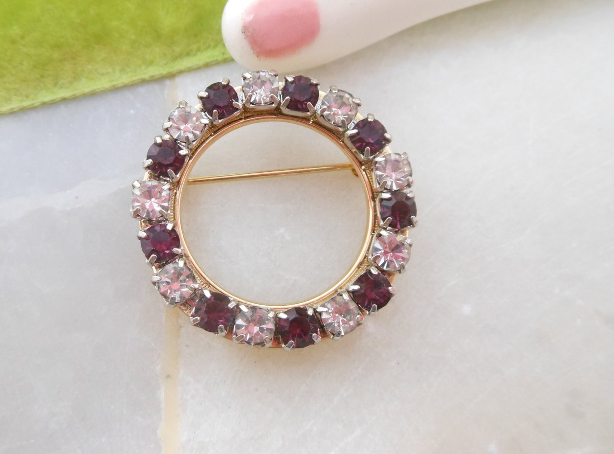 Vintage Amethyst Brooch Rhinestone Wreath Pin Crystal Purple Circle Mid Century February Jewelry Gift, VivianJoel.com