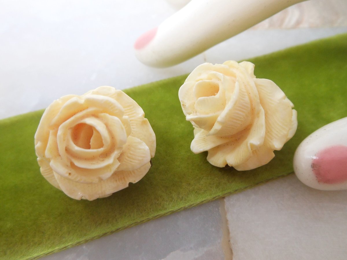 Vintage Carved Rose Earrings Artisan Handcraft Flower Clip On Bone Mid Century Wedding Jewelry Gift, VivianJoel.com